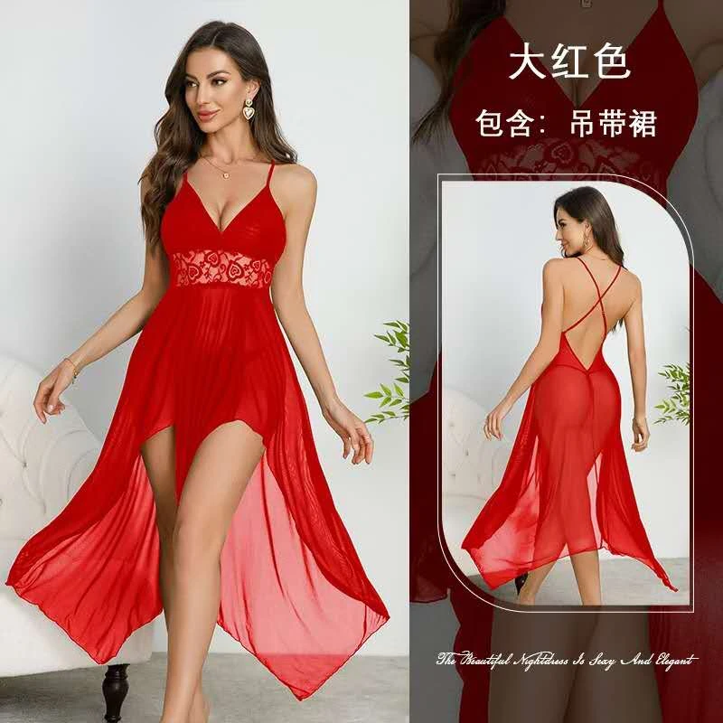 Elegant Lace Sheer Nightgown with Spaghetti Straps